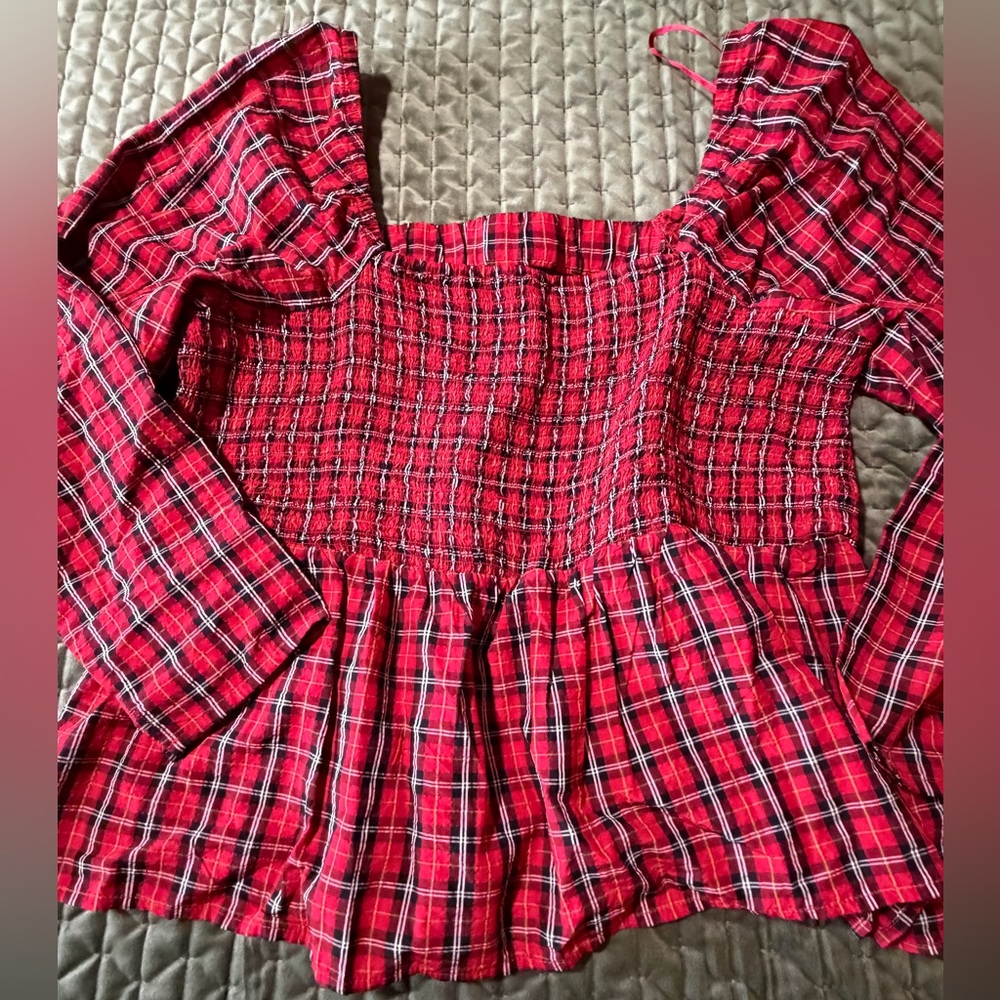 Old Navy red black plaid long sleeve baby doll style top square neck size XL